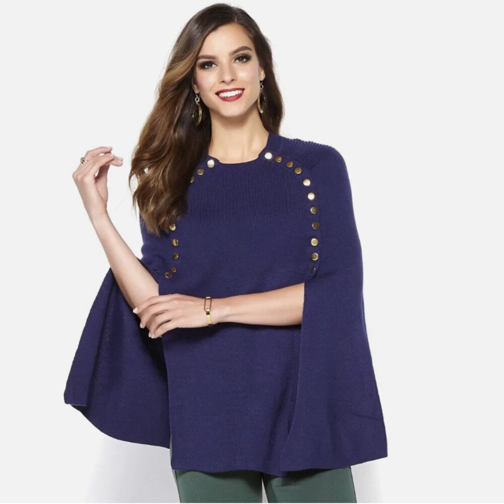 New IMAN Navy Global Chic Touch of Gold Knit Draped Luxe Poncho size XL